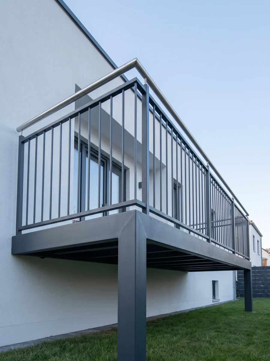 Stahl-Anbaubalkon in Anthrazit mit Stabfüllung und Edelstahl-Handlauf an einem Wohnhaus